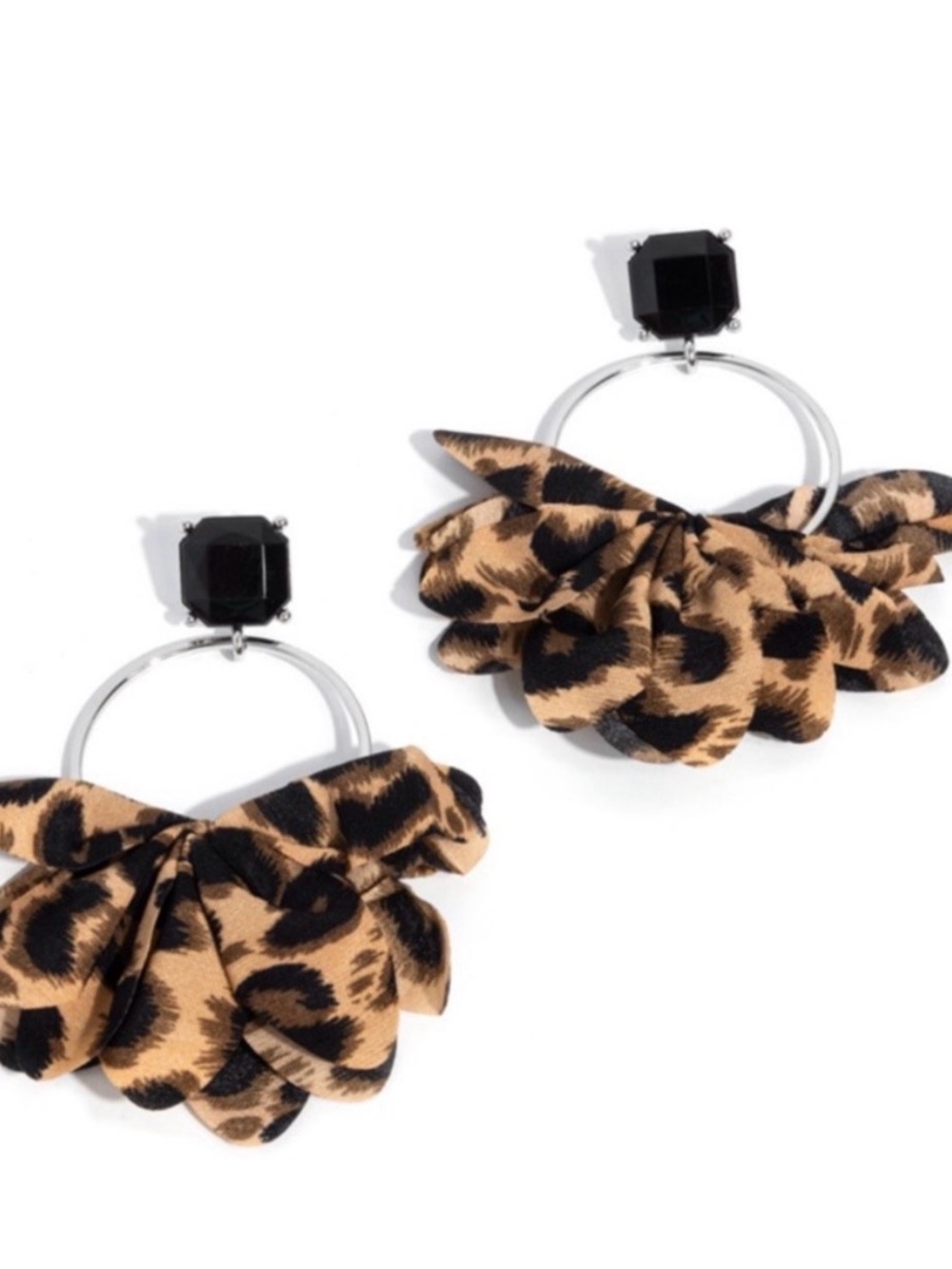 E-75 Leopard Print Fan Drop Earrings with Black Stone Accent